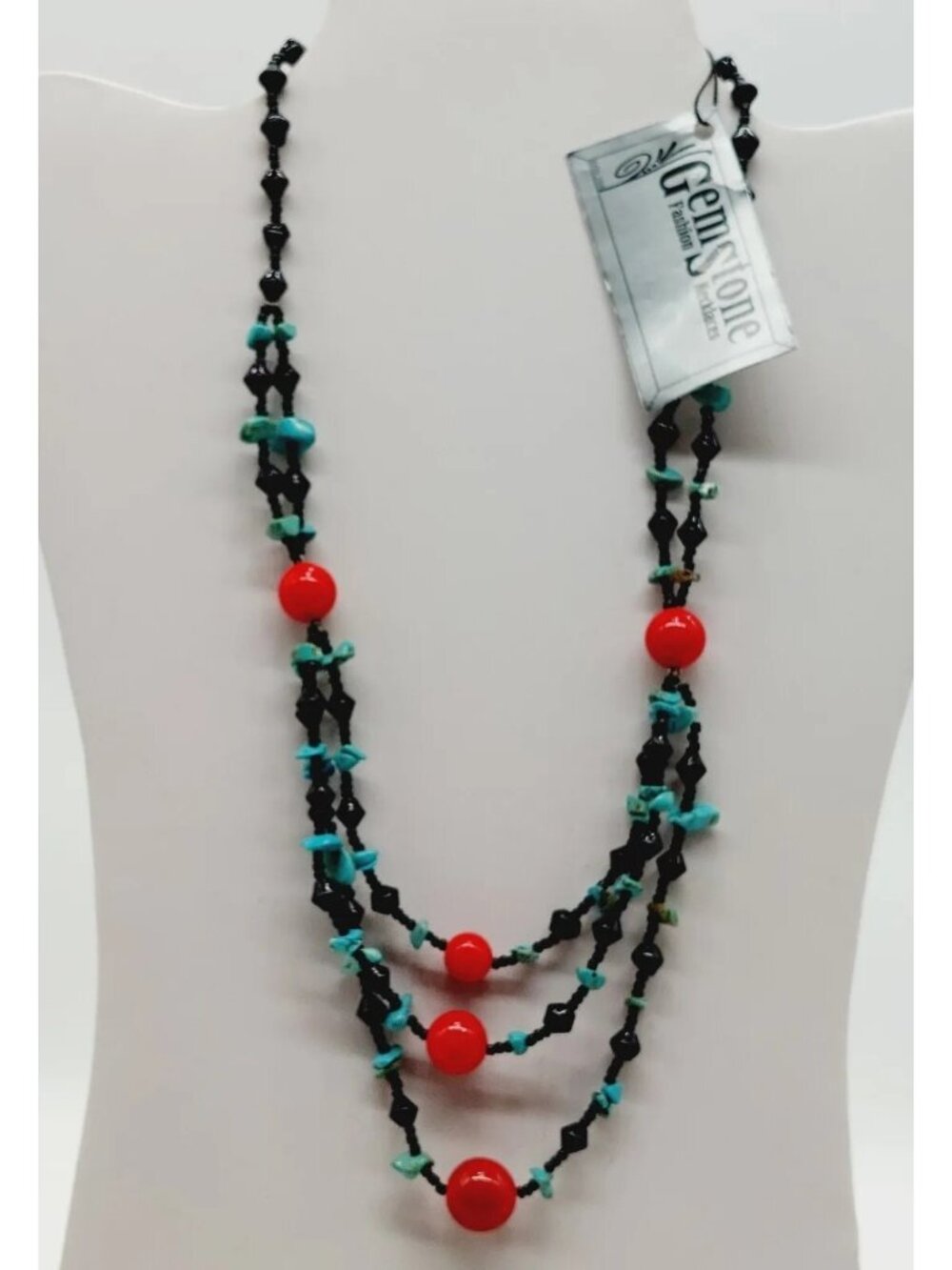 Turquoise Chips & Black Red Plastic Beads Necklace Gemstone Brand 18"